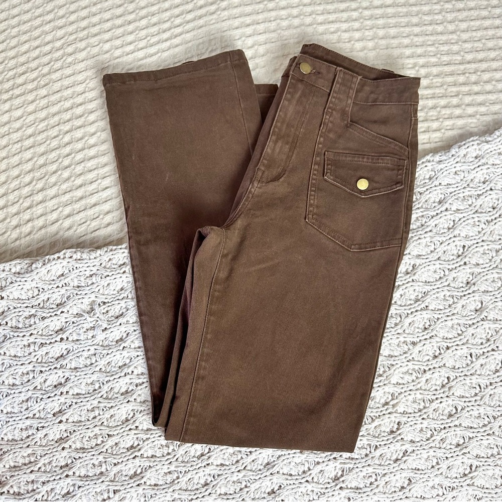Cider Last Autumn Chocolate Brown High Waist Classic Straight Leg Trousers - Picture 2 of 13